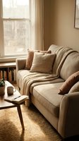 Cozy beige sofa with knitted throw blanket and pillows in warm sunlit living room corner with coffee table, books and mug creating hygge atmosphere.