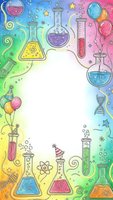 Colorful chemistry laboratory equipment frame with test tubes, beakers and flasks on gradient background. Science education border design for posters and presentations.