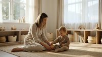 Young Caucasian mother in beige linen clothing sitting on floor with toddler son in bright modern living room with natural light and wooden shelves.
