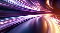 Dynamic light trails curving through dark space create futuristic motion effect in purple, blue and orange colors, suggesting high-speed movement and technology advancement.