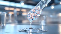Pharmaceutical capsules pouring from glass bottle creating splash effect on reflective surface. Dynamic medical concept with red and blue pills in motion.