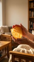 Person holding glowing amber decorative lamp with spiral pattern in warm home interior with wooden furniture and bookshelf, suitable for home decor and lifestyle content.