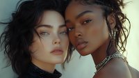 Close up portrait of two diverse young women with natural makeup and glowing skin posing together in warm sunlight, showcasing beauty and friendship.
