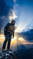 Male hiker with beard wearing tactical gear and helmet stands on mountain peak at sunset with dramatic cloudy sky and golden light rays behind him.