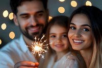 Happy family celebrating with sparkler against bokeh lights background, creating magical holiday atmosphere and joyful moments together.