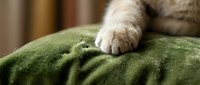 Cat paws kneading soft green blanket in cozy home interior. Feline behavior showing comfort and relaxation on textured fabric surface.