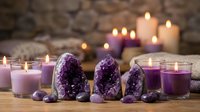 Purple amethyst crystals with lit candles creating peaceful meditation and healing energy atmosphere on rustic wooden surface against stone wall background.