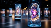 Glowing crystal geode in glass jar with magical ethereal light effect, mystical purple and blue colors against dark background with bokeh reflections.