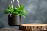 Green pothos plant in dark textured hanging planter with rope on wooden surface against gray wall background for modern home decor and interior design.