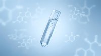 Glass test tube with clear liquid floating against blue molecular structure background for laboratory research and scientific experiments.