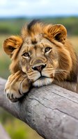 Majestic male lion resting paws on fallen log in natural savanna habitat with golden mane and intense gaze for wildlife photography and nature content.