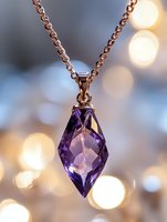 Elegant rose gold necklace with purple amethyst crystal pendant on chain against soft bokeh lights background for luxury jewelry fashion accessories.
