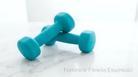 Pair of turquoise dumbbells on marble surface for strength training, fitness workouts, and gym exercises. Isolated on white background, ready for design use.