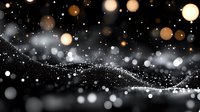 Glowing golden and white bokeh lights with sparkling particles flowing in wave pattern against dark background, creating magical atmosphere.
