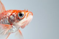 Vibrant orange goldfish with large eye and delicate fins in close-up portrait against soft blue background, showcasing detailed scales and graceful aquatic features.