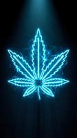Glowing blue neon cannabis leaf with electric energy effects on dark background for modern digital design and entertainment industry concepts.