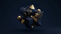 Abstract geometric composition with interconnected gold and black polygonal shapes forming a dynamic cluster against dark background, suitable for corporate branding, technology concepts, and modern design projects.