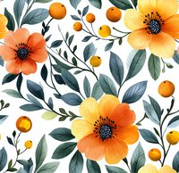 Seamless floral pattern with orange and yellow flowers, green leaves, and small citrus fruits on white background. Repeatable botanical print for fabric and paper.