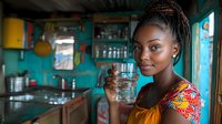 Young African woman drinking clean water from glass in colorful kitchen interior promoting health and hydration lifestyle habits for wellness.