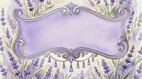 Ornate lavender frame with decorative scrollwork and tassel details, surrounded by purple lavender flowers and botanical elements on cream background. Vintage design for invitations, greeting cards, and decorative projects.