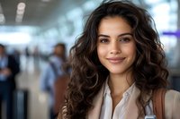 Young Hispanic businesswoman with curly dark hair and confident smile at airport terminal, wearing beige blazer. Professional portrait for business concepts.