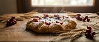 Freshly baked cherry bread loaf with whole cherries on rustic wooden table with wheat stalks. Homemade artisan bakery product for food photography and culinary content.