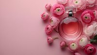 Pink perfume bottle surrounded by delicate ranunculus flowers on soft pink background for beauty cosmetics and fragrance advertising campaigns.