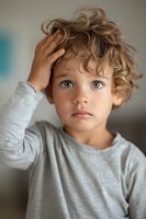 Young child with curly blonde hair and bright blue eyes wearing light gray long sleeve shirt touches head while looking up with innocent expression.
