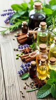 Essential oils in glass bottles with fresh herbs, lavender, mint, rosemary and spices on rustic wooden background for aromatherapy and natural wellness.