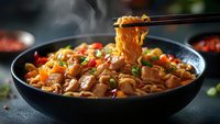 Steaming hot Asian noodles with chicken, vegetables and sauce in black bowl, chopsticks lifting noodles showing texture, garnished with green onions and chili.