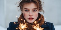 Young Caucasian woman with blue eyes and brown hair holding sparklers during winter celebration, wearing dark coat with cozy scarf for holiday festivities.