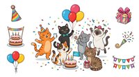 Cartoon cats and kittens celebrating birthday party with balloons, cake, confetti and gift box. Isolated clipart on white background for greeting cards, invitations and festive designs.