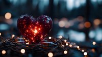 Glowing red heart ornament nestled in winter branches with warm bokeh lights creating romantic holiday atmosphere for Valentine's Day celebrations.
