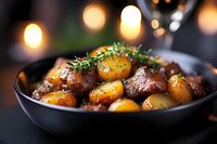 Golden roasted baby potatoes with fresh thyme in dark ceramic bowl, garnished with herbs against blurred warm lights background for food photography.