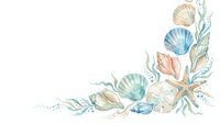 Watercolor seashells and starfish arrangement with aquatic plants on white background, isolated design element for coastal wedding invitations, greeting cards, and marine-themed graphics.