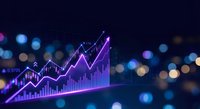Financial growth chart with upward trending arrow on dark background with colorful bokeh lights for business analytics and investment presentations.