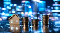 Real estate investment growth concept with wooden house model and stacked coins against blurred city lights background for financial planning.