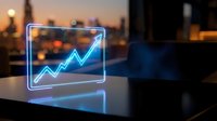 Glowing neon holographic chart with upward trending arrow displaying financial growth data on modern desk in blurred office environment at evening.