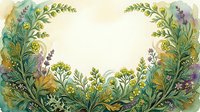 Watercolor botanical frame with green herbs, yellow wildflowers, and lavender sprigs forming a heart shape, copy space in center.