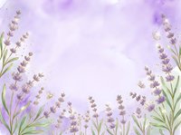 Lavender flowers frame a soft purple watercolor background with white space, suitable for greeting cards, invitations, and floral design projects.
