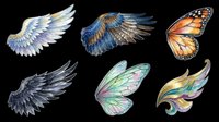 Six detailed wings set isolated on transparent background, including angel, bird, butterfly, fairy, and fantasy styles, ready for stickers, t-shirt design, and print on demand.