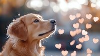 Gentle golden retriever with light cream coat gazing upward against warm bokeh background with heart-shaped light effects, conveying love and companionship for pet care and emotional connection themes.