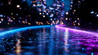 Futuristic horizon with glowing blue and purple neon lights reflecting on water surface against dark background with blurred bokeh lights, creating magical atmosphere.