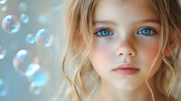 Young blonde girl with blue eyes surrounded by floating soap bubbles in soft natural light creating dreamy childhood portrait for family photography.