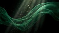 Flowing emerald waves with golden particles create an abstract motion design against dark background, suitable for backgrounds, wallpapers, and digital art projects.