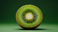 Fresh kiwi fruit half showing vibrant green flesh and black seeds in detailed cross-section on gradient green background for healthy eating concepts.