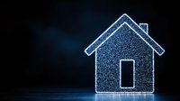 Glowing house silhouette with sparkle effect on dark blue background. Luminous particles create magical home shape, concept of smart home technology and security.