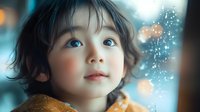 Young Asian girl with innocent expression and bright blue eyes gazes upward dreamily against blurred bokeh lights and magical sparkles in winter atmosphere.