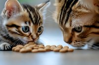 Two curious Bengal kittens with striped fur and bright blue eyes sniffing dry cat food pellets scattered on gray surface, close-up view with shallow depth of field.