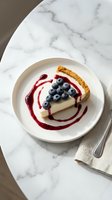 Slice of cheesecake with fresh blueberries and berry sauce on white plate, marble table background for restaurant menu and food photography.